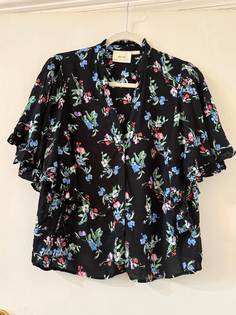 Maeve Black Floral V-Neck Ruffle-Sleeve Blouse